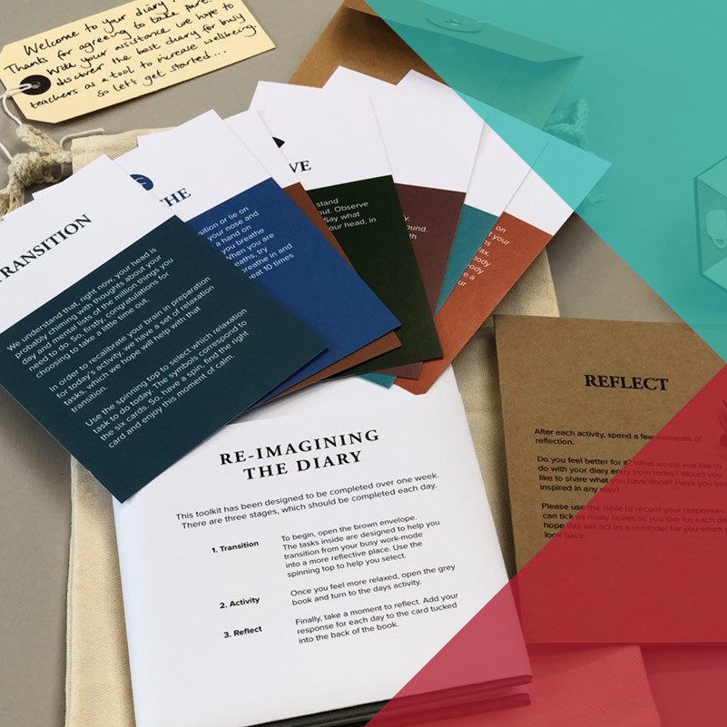 A photograph of a diary making tookit including flashcards, instruction cards, pencils, a handwritten luggage tag and a spinning top